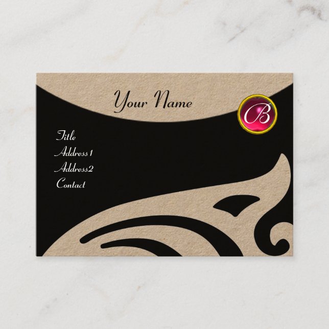 STYLISH WINGS FUCHSIA RED RUBY GEMSTONE MONOGRAM BUSINESS CARD (Front)