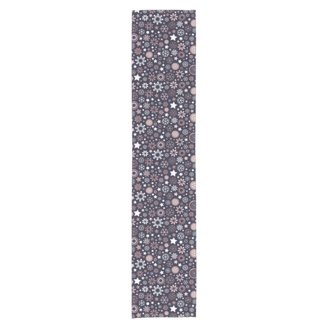 Stylish winter blue, pink metallic snowflakes short table runner (Front)