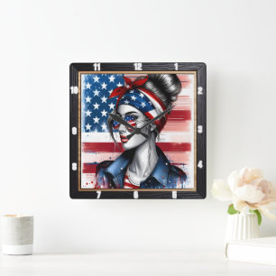 Stylish Woman American Flag Patriotic Square Wall Clock