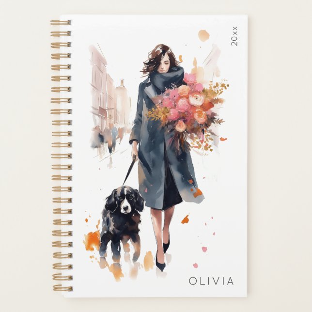 Stylish Woman Dog Lover Pink Floral Planner (Front)