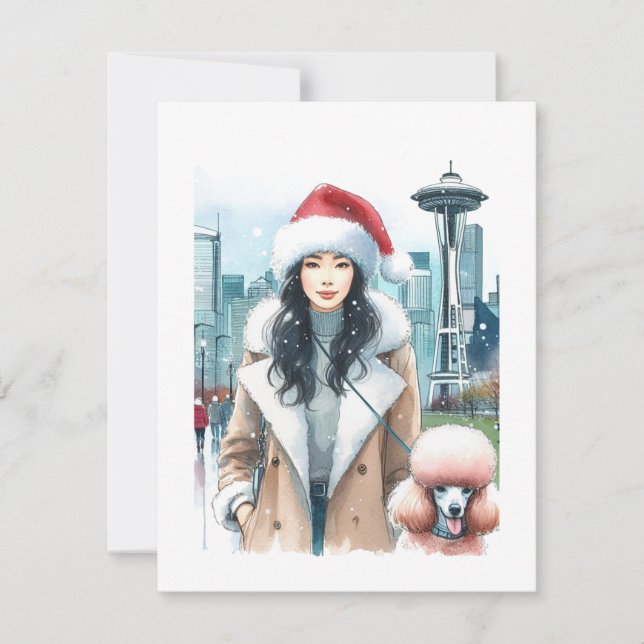 Stylish Woman Walking Poodle in Seattle Christmas  Holiday Card (Front)