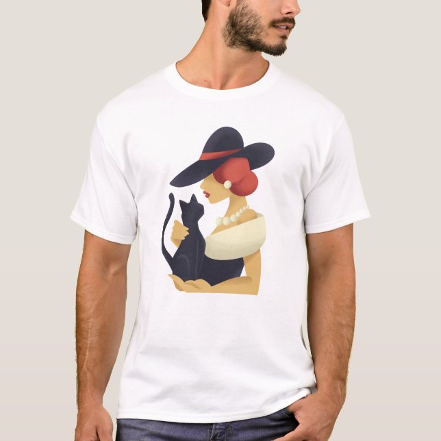 Stylish Woman With Black Cat T-Shirt (Front)