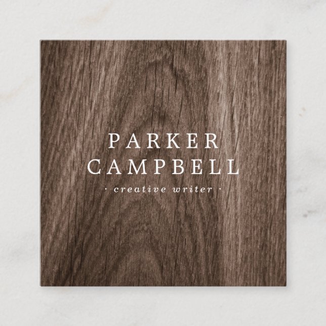 Stylish wood grain brown white minimalist square business card (Front)