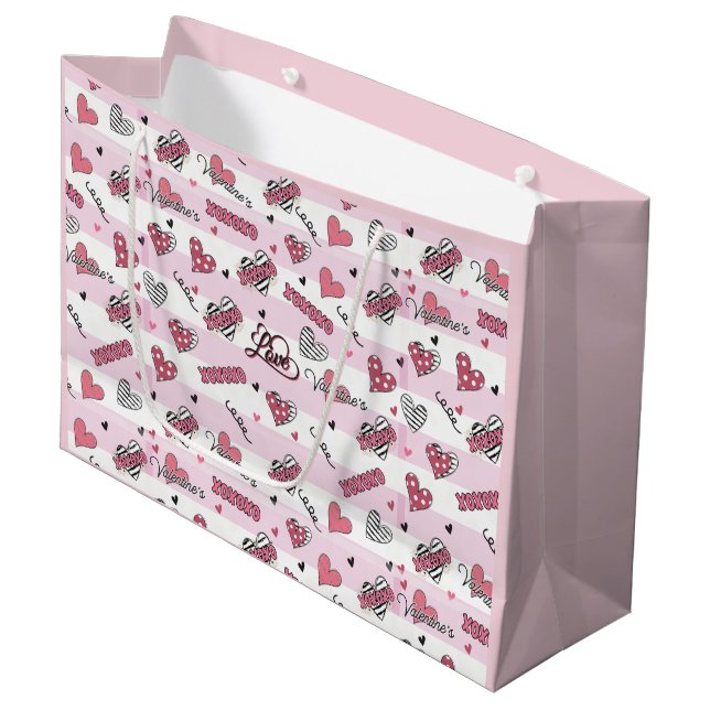 Stylish XOXO Valentine's Day Patterned Large Gift Bag (Front Angled)