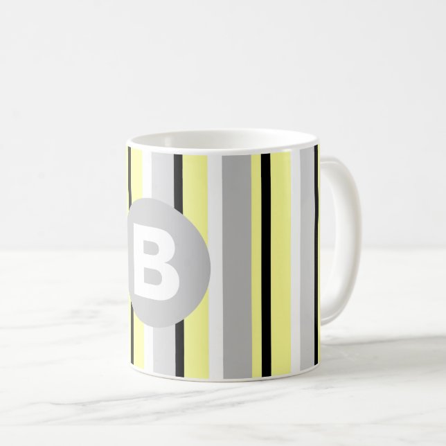 Stylish Yellow and Grey Striped Monogram Coffee Mug (Front Right)