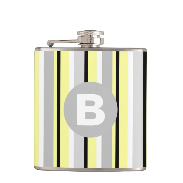 Stylish Yellow and Grey Striped Monogram Hip Flask (Front)