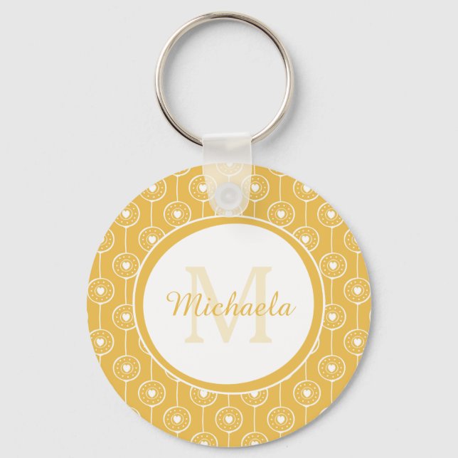 Stylish Yellow and White Hearts Monogram With Name Key Ring (Front)