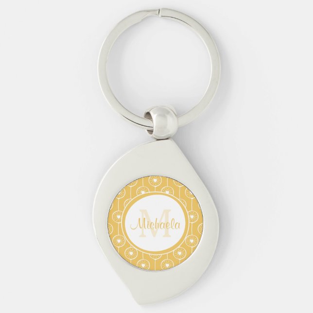 Stylish Yellow and White Hearts Monogram With Name Key Ring (Front)