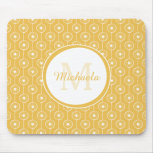 Stylish Yellow and White Hearts Monogram With Name Mouse Mat