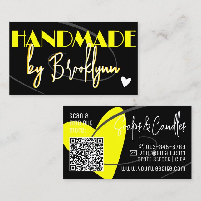 Stylish Yellow Black Handmade Heart with QR-Code  Business Card (Front/Back)