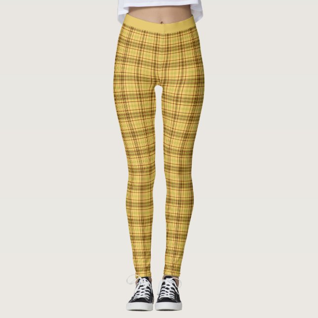 Stylish Yellow Brown Scottish Tartan Plaid Yoga Leggings (Front)