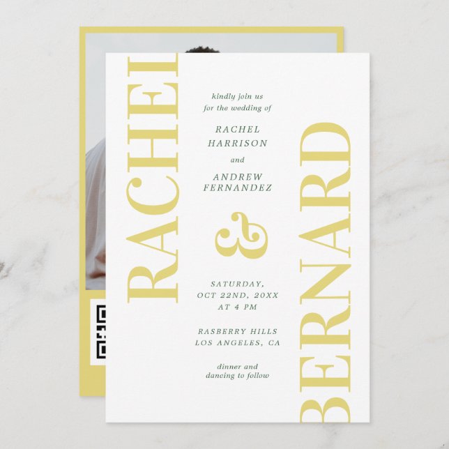 Stylish Yellow & Green Typography QR Code Wedding Invitation (Front/Back)