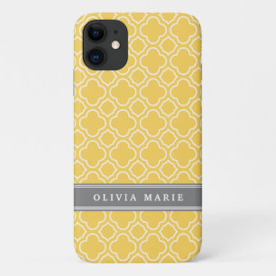 Stylish Yellow Quatrefoil Pattern with Name iPhone 11 Case