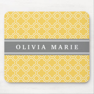 Stylish Yellow Quatrefoil Pattern with Name Mouse Mat