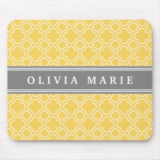Stylish Yellow Quatrefoil Pattern with Name Mouse Mat (Front)