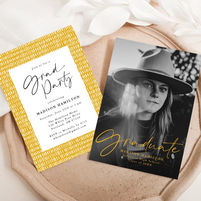 Stylish Yellow Script Photo Graduation Party  Invitation (Creator Uploaded)