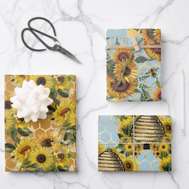 Stylish Yellow Sunflowers Gold Honeycomb Teal Wrapping Paper Sheet (Front)