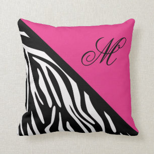 Stylish Zebra Print and Pink Monogram Throw Pillow