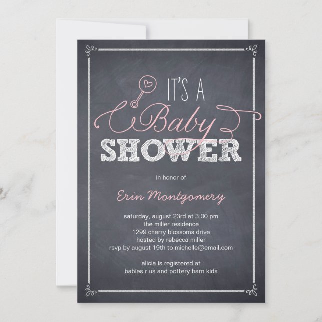 Stylishly Chalked Baby Shower Invitations - Pink (Front)