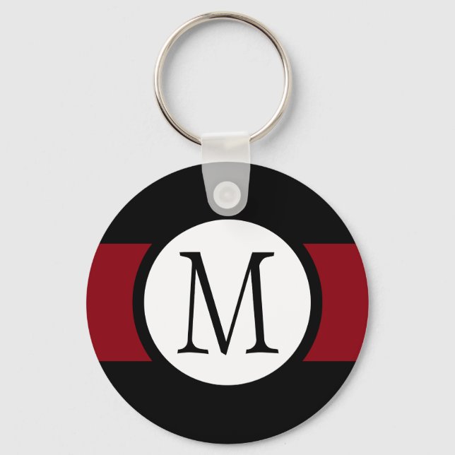 Stylishly Elegant Black, White & Red Line Monogram Key Ring (Front)