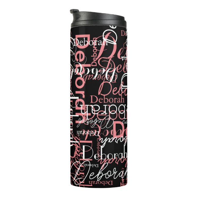 Stylishly Personalised Pink Names on Black Thermal Tumbler (Rotated Right)