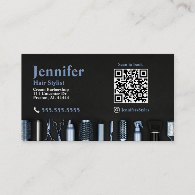 Stylist Black Pale Blue Business Card with QR Code (Front)