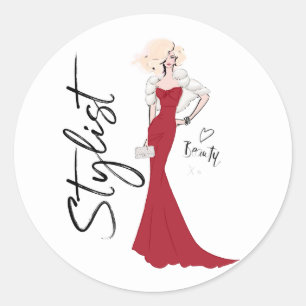 Stylist girl in red evening dress classic round sticker