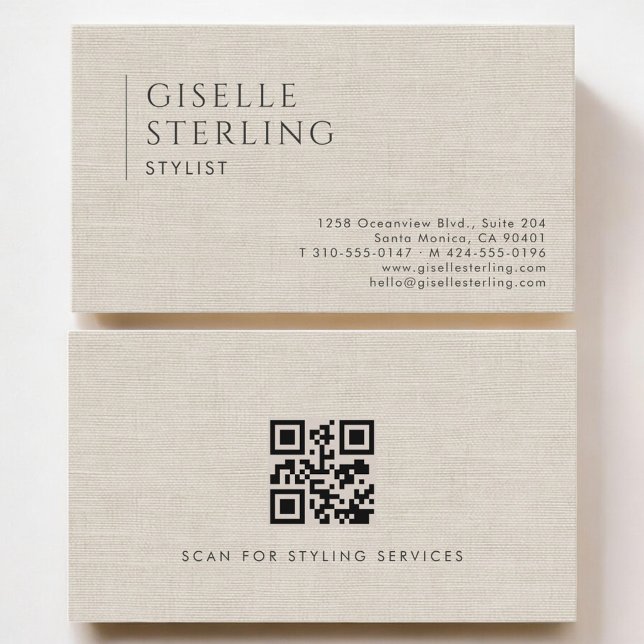 Stylist Luxury Neutral Linen QR Code Business Card (Creator Uploaded)
