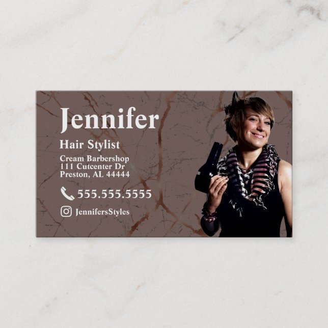 Stylist Marble Photo Business Card with QR Code (Front)