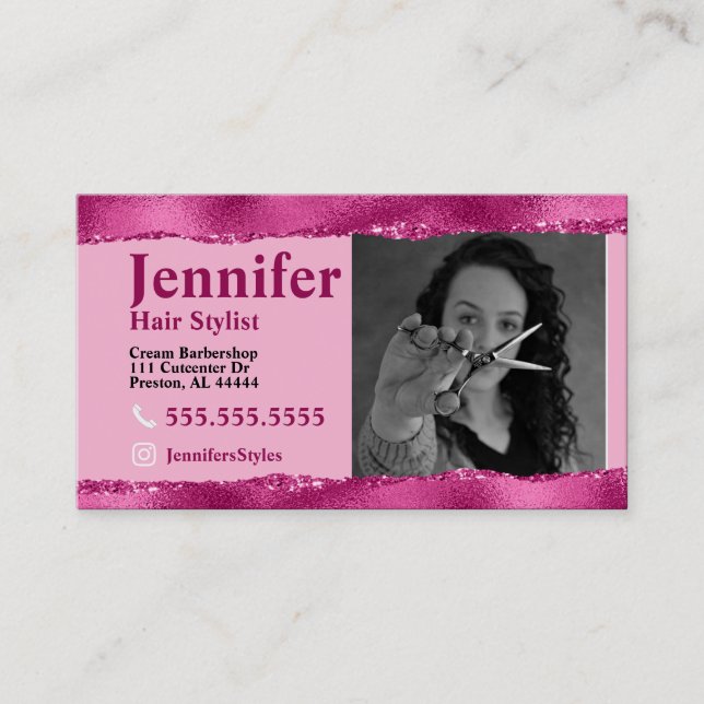 Stylist Pink Photo Business Card with QR Code (Front)
