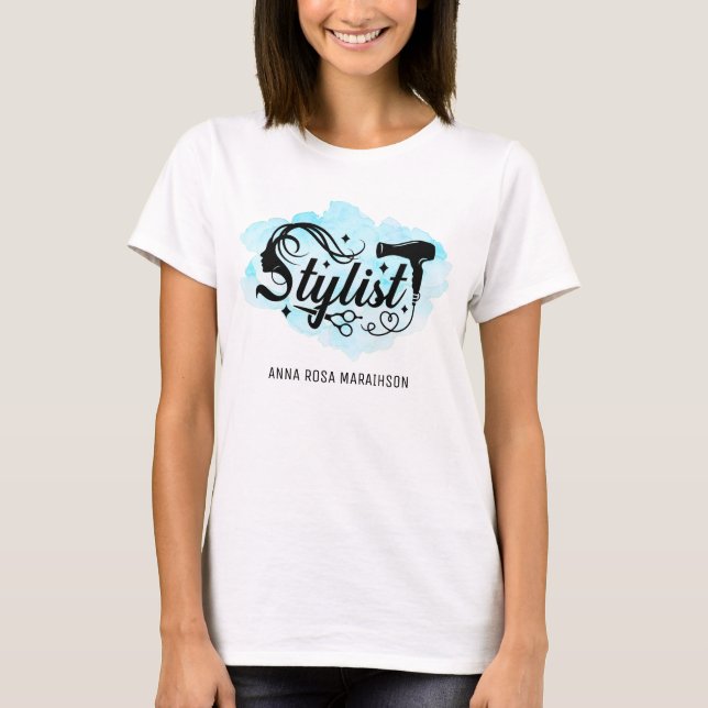 *~* STYLIST Scissors Hair Heart Dryer Teal AP6  T-Shirt (Front)