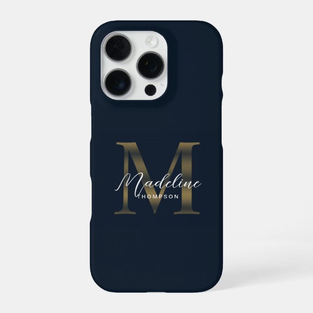 Stylist Script Metallic Navy Blue Gold Monogram iPhone Case (Back)