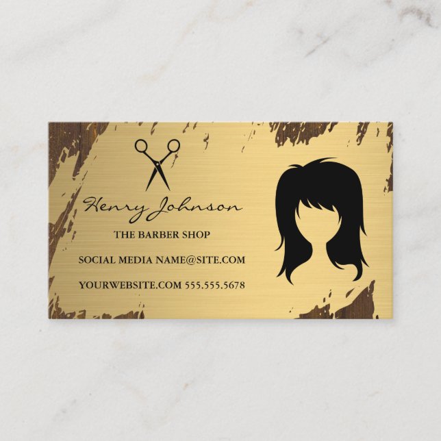 Stylist Tools Wood Leather Gold Brushed Business Card (Front)