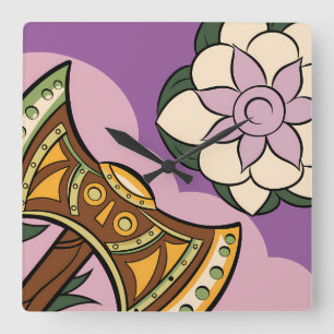 Stylized Axe and Flower Design Square Wall Clock