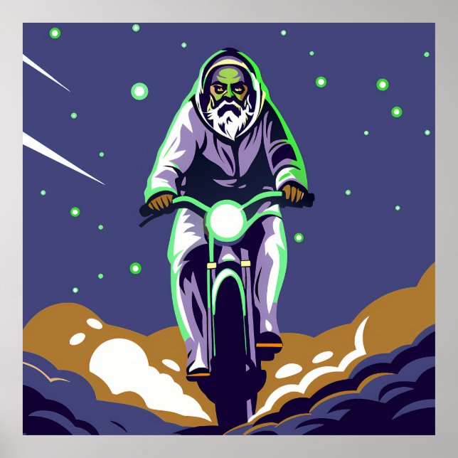 Stylized Bearded Figure Riding a Motorcycle Poster (Front)
