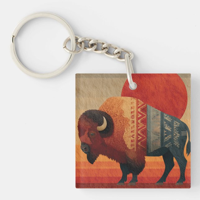 Stylized Bison with Native American Patterns  Key Ring (Front)