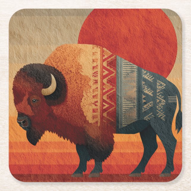 Stylized Bison with Native American Patterns  Square Paper Coaster (Front)
