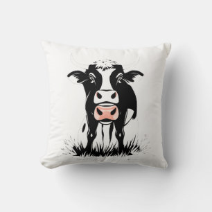 Stylized Black and White Cow Illustration Cushion
