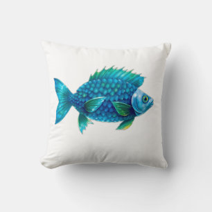 Stylized Blue and Green Fantasy Fish Cushion