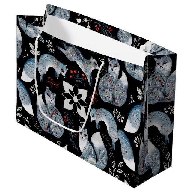  Stylized blue foxes with intricate floral designs Large Gift Bag (Front Angled)