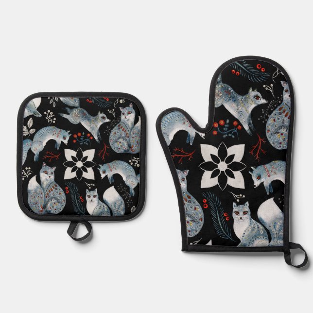  Stylized blue foxes with intricate floral designs Oven Mitt & Pot Holder Set (Front)