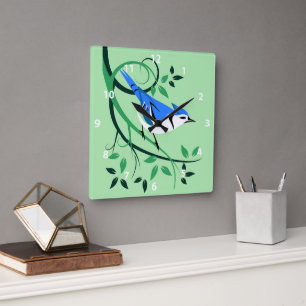 Stylized Blue Jay In Tree Branch Square Wall Clock