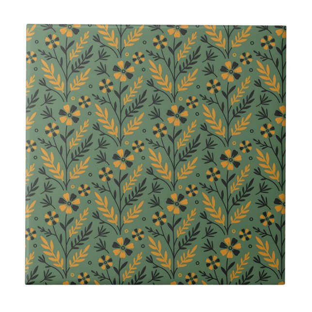 Stylized botanical orange and black floral pattern tile (Front)