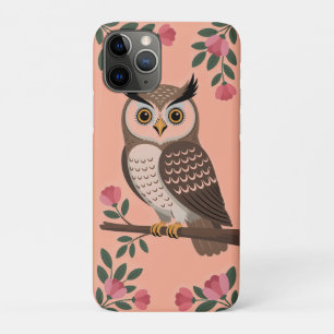 Stylized Brown Owl on Branch with Pink Flowers iPhone 11 Pro Case
