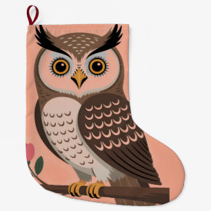 Stylized Brown Owl on Branch with Pink Flowers Large Christmas Stocking