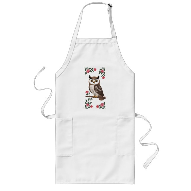 Stylized Brown Owl on Branch with Pink Flowers Long Apron (Front)