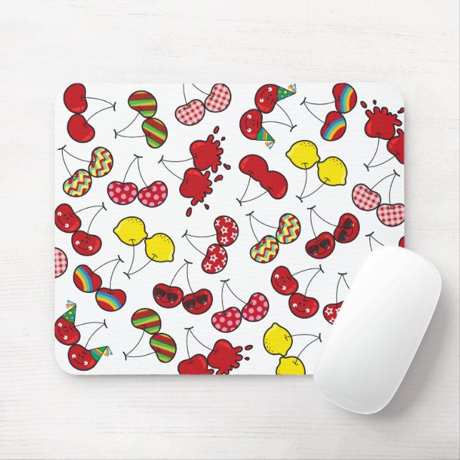 Stylized Cartoon Funny Cheeky Red Cherries Pattern Mouse Mat (With Mouse)