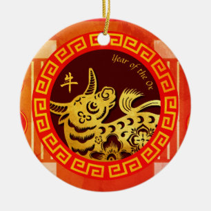 Stylized Chinese Palanquin Ox Year 2021 CRO Ceramic Tree Decoration