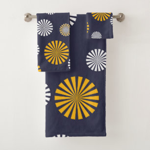 Stylized dandelions, navy blue, yellow, white bath towel set