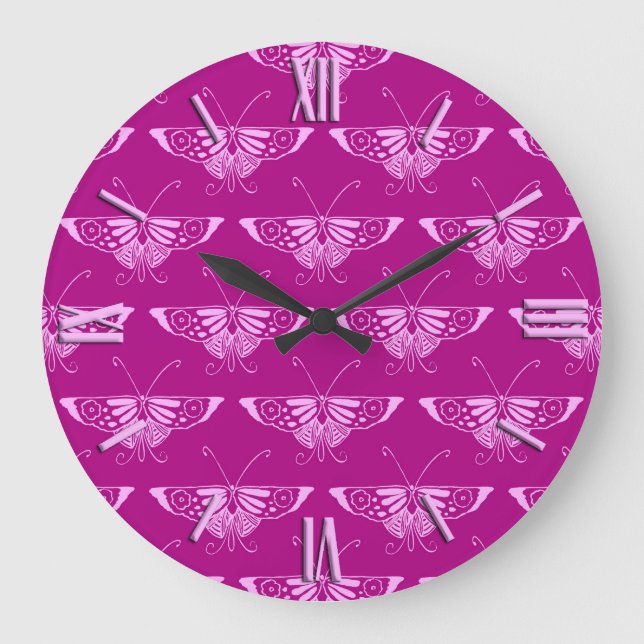 Stylized Deco butterfly  - magenta and pink Large Clock (Front)